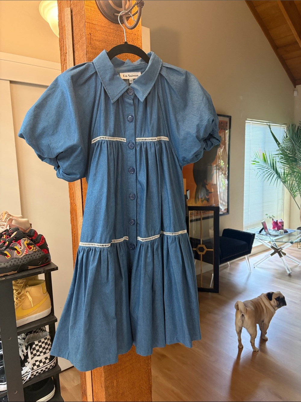 En Saison Blue Puff-Sleeve Tiered Button-Front Dress with pockets.